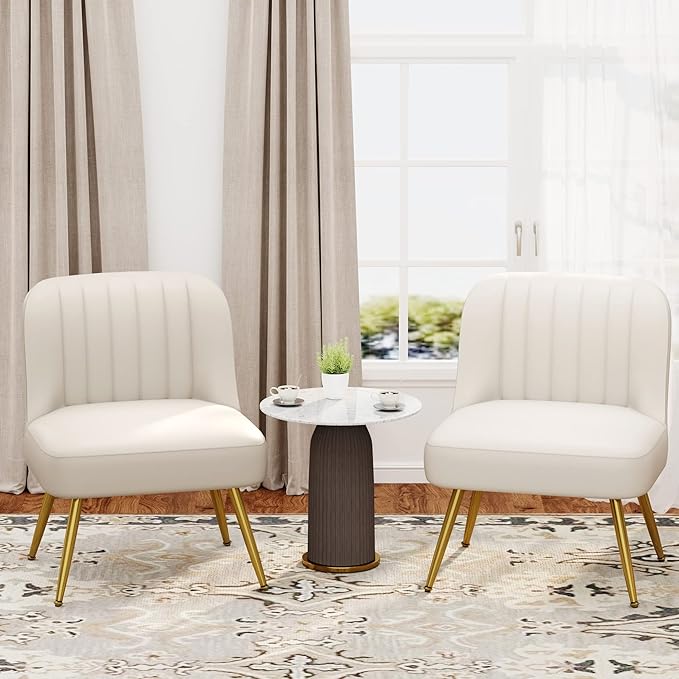 ALISH Faux Leather Accent Chairs Set of 2 Upholstered Living Room Chairs Modern Side Chairs Armless Chairs with Metal Legs (Beige Set of 2)