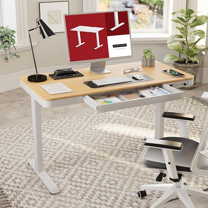 SANODESK Standing Desk with Drawer Electric Height Adjustable Home Office Desk with Storage &amp USB Ports 48 inch Maple Wood Tabletop/White Frame