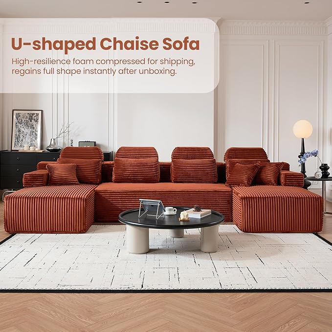 141 Boneless Couch with Reversible Chaise U Shaped Sectional Couches for Living Room Modular Sectional Sofa 28 Deep Seat Corduroy Couch Reversible Chaise Couch in a Box Orange