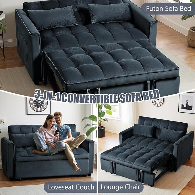 3 in 1 Sleeper Sofa Bed Pull Out Couch Convertible Futon Loveseat with krest Dinotefuran Living Room Chaise Lounr Home Apartment Office Black