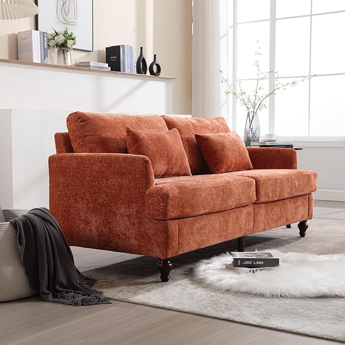 69” Modern Chenille Loveseat Sofa Couch Upholstered 2 Seat Love Seat Deep Seat Small Couch with 2 Pillows and Sturdy Wood Legs for Living Room Bedroom Apartment (Orange)