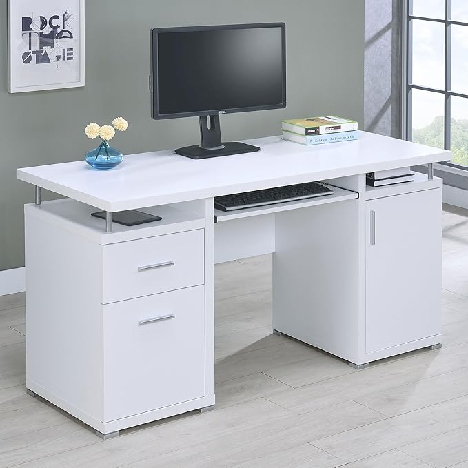 Coaster Home Furnishings Tracy Modern Contemporary 55-Inch 2-Drawer Home Office Computer Writing Desk Study Table with File Cabinet Storage Engineered Wood Eco-Friendly Laminate White 800108