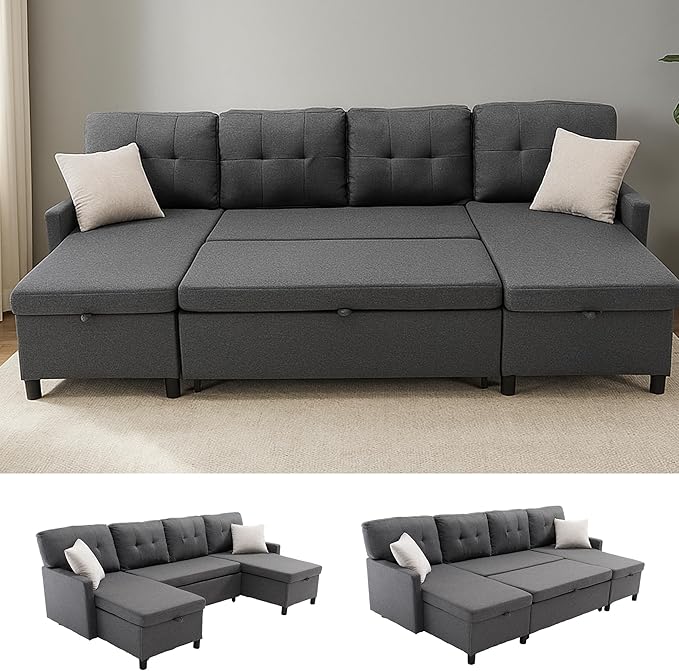 Sleeper Sofa Couch Oversized Pull Out Couch Bed with Storage Chaise Sectional Sleeper Sofa Bed for Living Room (Gray Double)