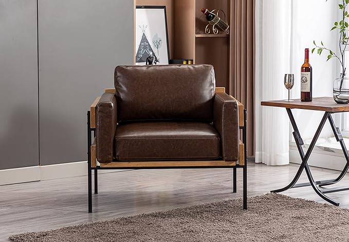 Generic Single Leisure Sofa Chair Living Room PU Leather Chair Modern Comfortable Leisure Armchair Light Brown