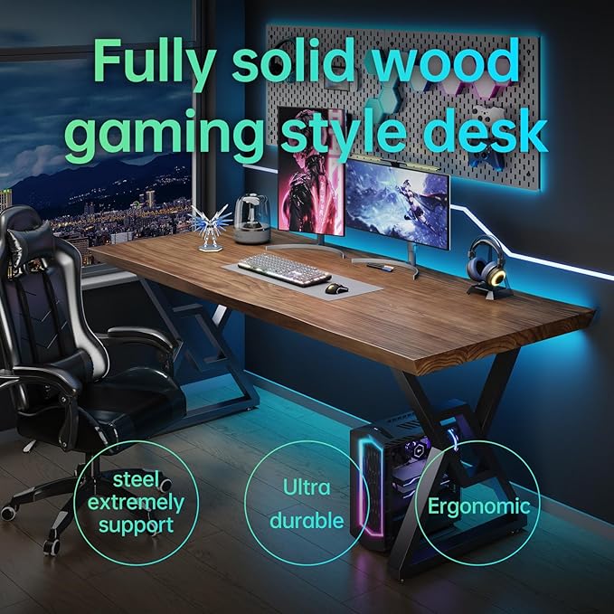Solid Wood Rustic Style 55.1-inch Computer Desk - Large Office Desk for Home Office Modern and Simple Design Ideal for DiningStudy Writing (Black-w 55.12 * 27.56 * 29.53)