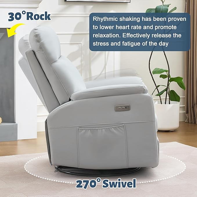 Power Glider Recliner Nursery Rocking Chair with USB Ports Glider Chair with Lumbar Pillow for Living Room Glider Swivel Recliner Chair for Nursery(Gray)