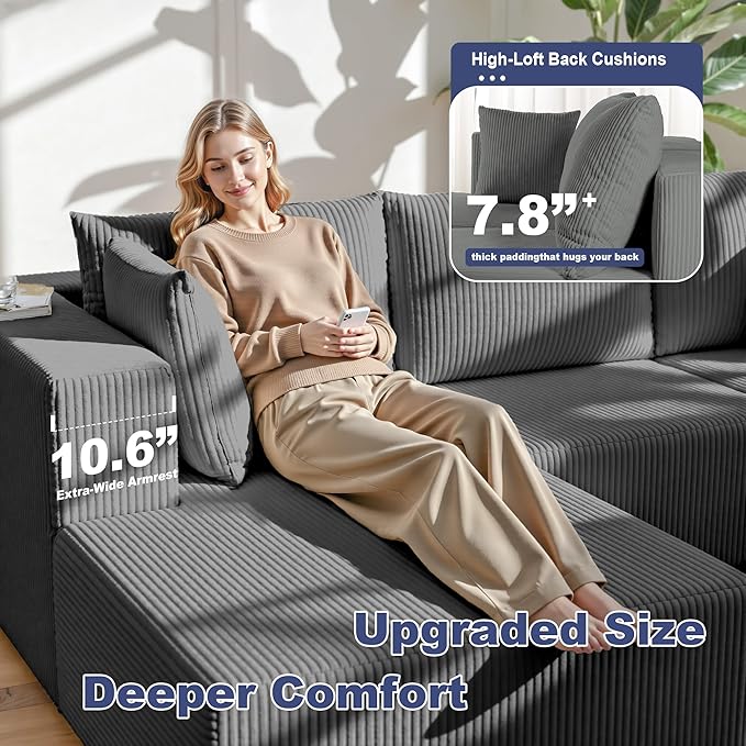 138 Boneless Couches for Living Room Modular Cloud Couch Sofa - 4 Pieces L Shap Corduroy Sectional Sofa Fluffy Memory Foam Sleeper Sofa Furniture No Assembly Wide Armrest Grey