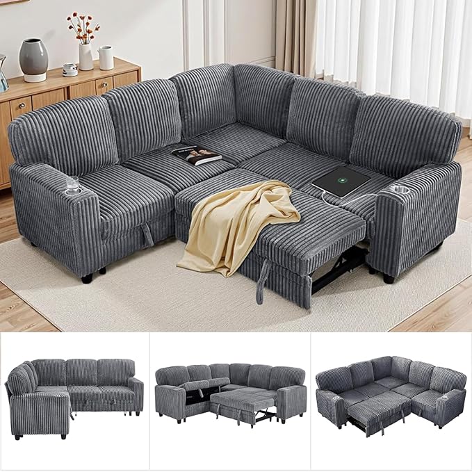 81 Modular Sectional Sleeper Sofa with Pull Out Bed L Shaped Couch with Storage Seat Convertible Sectional Couches for Living Room Corduroy Grey