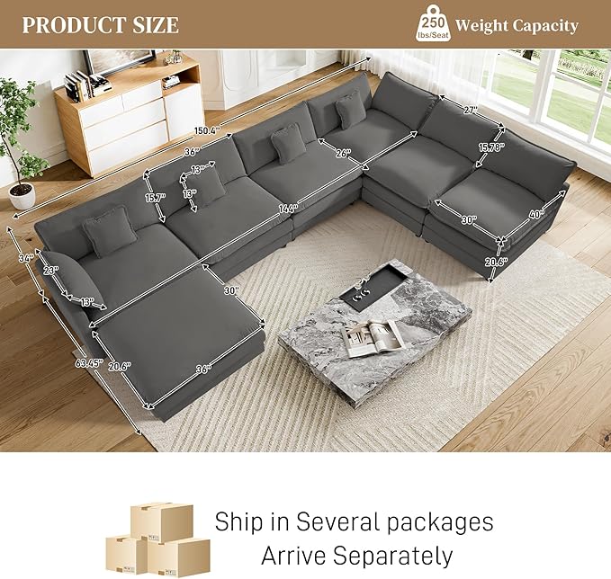 Cloud Couch Sectional Modular Sofa 150.4 Oversized U Shape Comfy Sectional Couches for Living Room 7 Seat Modern Chenille Deep Seat Cloud Sofa with Moveable Ottoman Grey