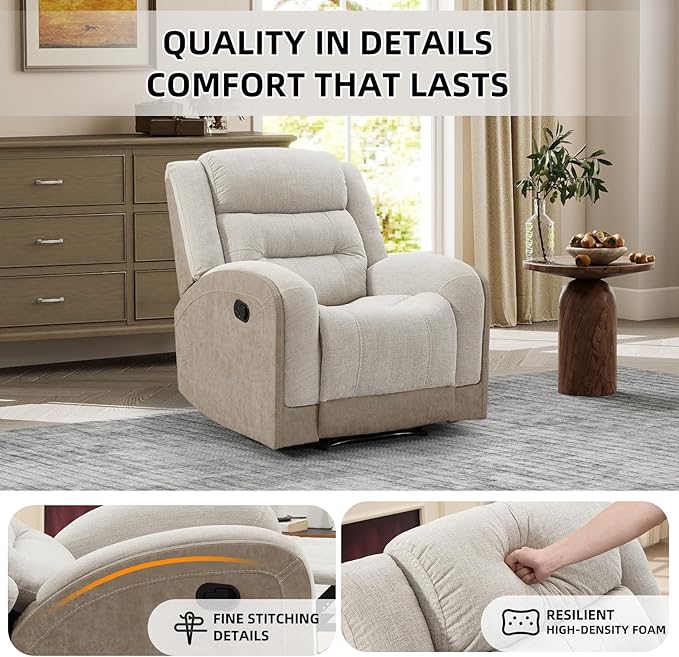 EBELLO Manual Recliner Chair Plush Fabric Single Recliner with Padded Seat Overstuffed Headrest and Supportive Footrest Perfect for Living Room Bedroom or Home Theater Beige
