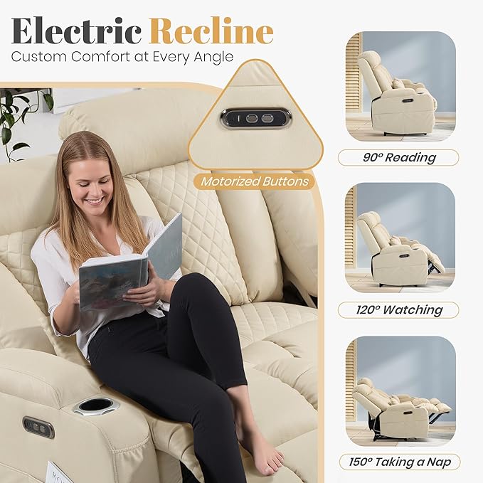 3-Seater Power Recliner Sofa with Adjustable Headrest Zero Wall Hugger Electric Reclining Couch Drop-Down Console with AC Outlets/USB/Type-C 2 Lumbar Pillows &amp Side Pockets