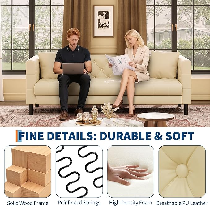 GarveeHome 81 in Leather Couch for Living Room Modern Sofa Couch with Deep Seat and 2 Pillows Handmade Button Tufted 3 Seater Sofa Leather Sofa for Apartment Office Beige