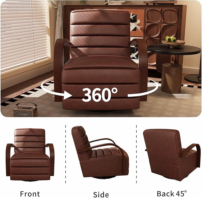Chifee &amp Vingol 360° Swivel Accent Chair 30.3 W PU Leather Swivel Living Room Chair with Solid Wood Armrests Mid Century Modern Reading ChairBrown
