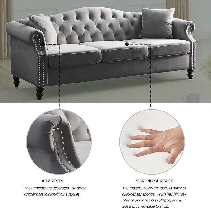 2 Piece Grey Velvet Chesterfield Sofa Set for Living Room79 3 Seater&amp57 Loveseat Sofa SetButton Tufted Nailhead Trimming Curved Backrest Rolled Arms with Black Metal Legs with 4 Pillows