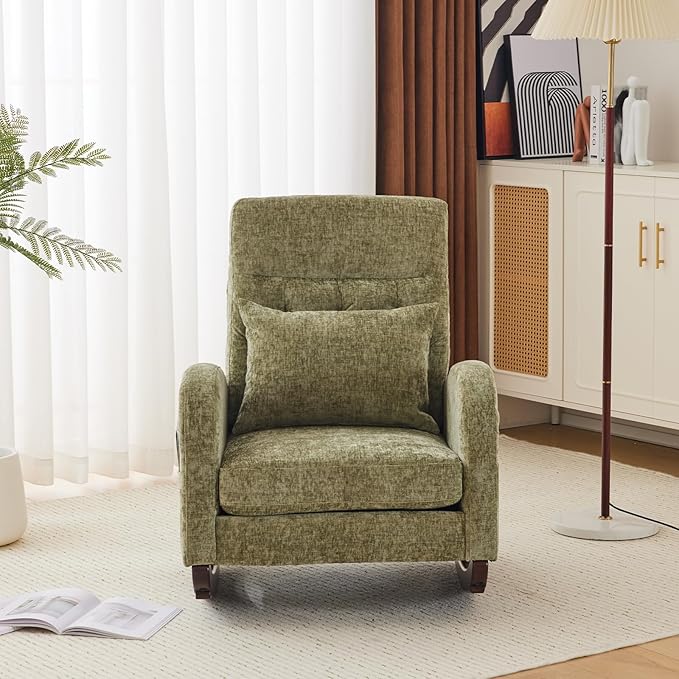 VINGLI Chenille Low Seat Rocking ChairUpholstered Nursery Glider Chair with Side PocketsAccent Arm Chair with High BackrestComfy Head RestSolid Woodfor Living Room Bedroom BalconyOlive Green
