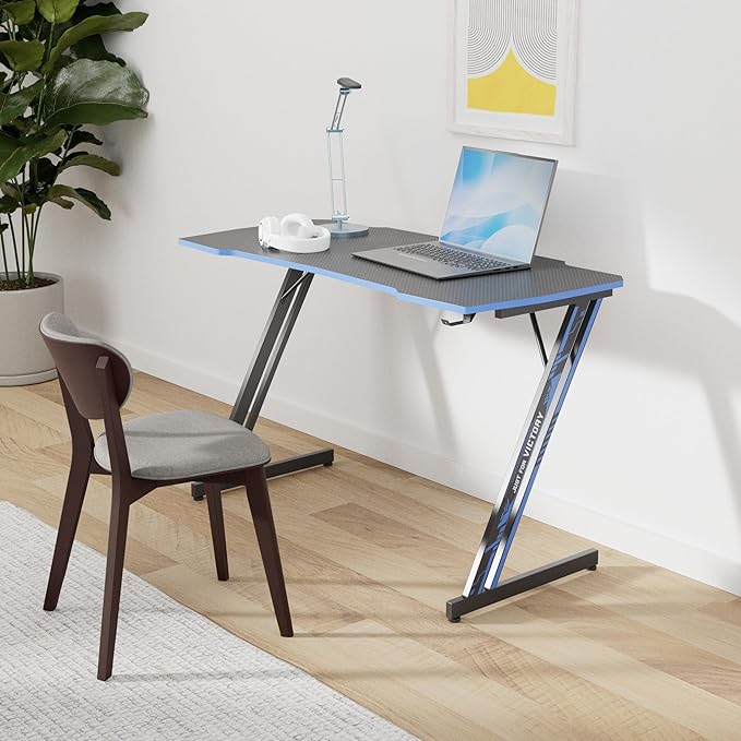 PayLessHere | 47 Gaming Table | Blue | Z-Shaped Computer Desk with Steel Frame Headphone Hook Adjustable Feet | Carbon Fiber Texture Surface Sweat &amp Waterproof | for Gaming Home Office