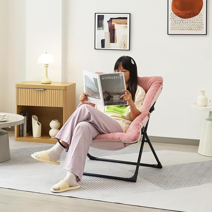 Comfy Saucer Chair for Adults Soft Faux Fur Bedroom Chair with Ottoman Accent Dorm Chairs Living Room Reading Chairs and Footstool Folding Seat for Teens X-Large Dusky Pink