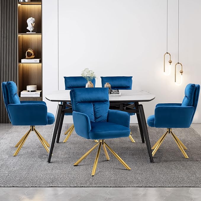 NORDICANA 180° Swivel Velvet Living Room Chair Modern Dining Armchair with Golden Legs Ergonomic Upholstered Accent Chair Single Sofa for Bedroom Reading Home Office Navy Blue