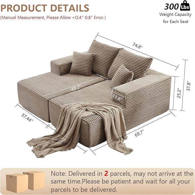 75” Oversized Sectional Double Lounge Chaise Fluffy Modern Sleeper Loveseat Sofa Chair Modern Corduroy Sleeper Loveseat Chair for Living Room Bedroom Reading No Assembly Camel