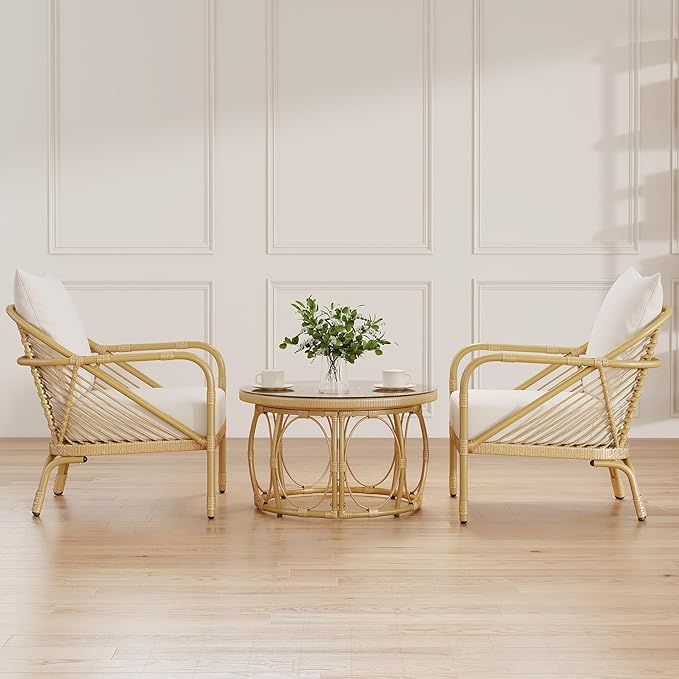 Living Room Chairs Aluminum Accent Chairs Set of 2 Comfortable Arm Chair with Glass Coffee Table Bedroom Accent Lounge Chair Boho Rattan Armchairs Modern Loveseat for Apartment Beige