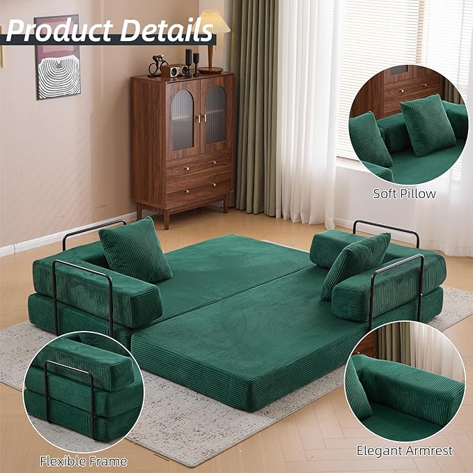 Folding Sofa Bed Convertible Sleeper Corduroy Floor Couch with Pillows Fold Out Couch King Size Bed Futon Couchs Foldable Memory Foam Mattress for Living Room Bedroom Playroom (Dark Green)