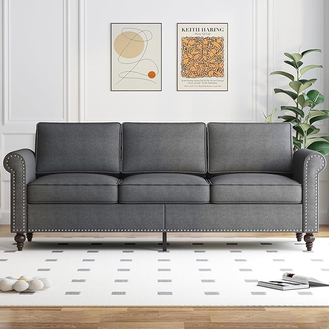 Sofa Couch 3 Seat Couches for Living Room 3 Sofa Seat for Small Spaces Mid Century Modern Couch with Armrest and Backrest Soft Cushion Sofa for Home/Office/Apartment - Dark Grey
