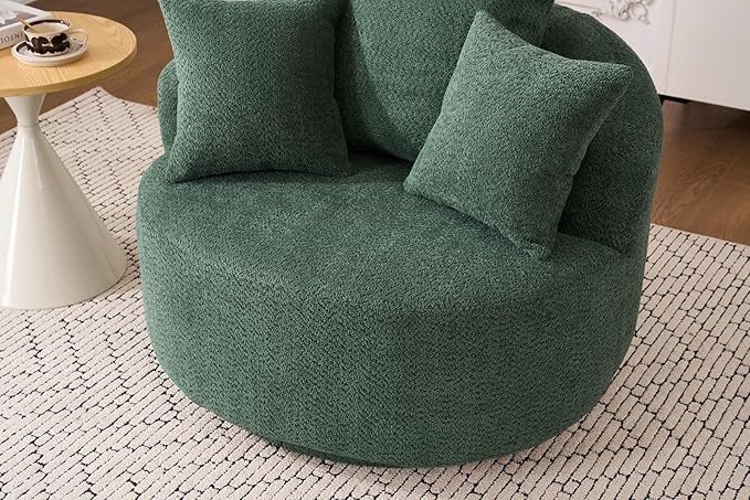 40” Greeen Round Swivel Chair with 3 Pillows &amp Thick Cushion Oversized 360° Swivel Accent Chair Modern Boucle Armchair for Nursery Living Room Bedroom Club