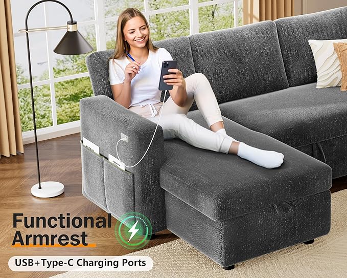 Vipbear 82 Sectional Sleeper Sofa with Pull Out Bed L Shaped Couch Sleeper Sofa Bed Pull Out Couch with Reclining Backrest Reversible Storage Chaise USB Ports Tool-Free Assembly Chenille Grey