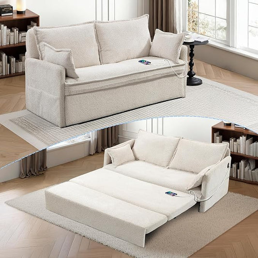 60 Sleeper Sofa Bed 2-in-1 Pull Out Couch with USB/Type-C Charging &amp Side Pockets Convertible Corduroy Loveseat Chaise Lounge Space-Saving Sofa for Living Room White