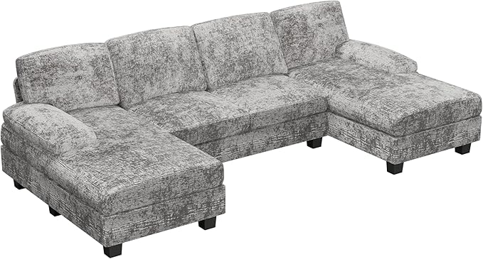 Furniwell Convertible Sectional Sofa Couch 4 Seat Sofa Set for Living Room U-Shaped Modern Fabric Modular Sofa Sleeper with Double Chaise &amp Memory Foam (Fabric Grey)