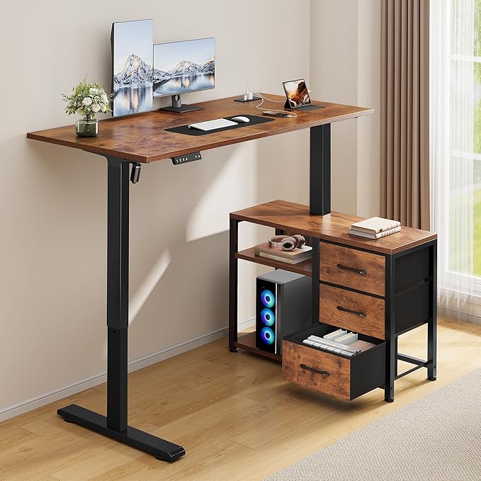 47 Inch L Shaped Standing Desk with 3 Drawers Electric Standing Desk with Storage Computer Desk Adjustable Height with Power Outlets 4 Memory Presets for Home Office Rustic Brown