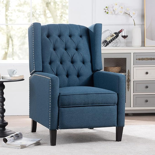 Push Back Recliner ChairEasy Chairs for Small SpacesComfy ArmchairReading Recliner Chairs for AdultsLiving Room Accent Chair Wingback and Rivets Design for Modern Recliner Chair(Blue)