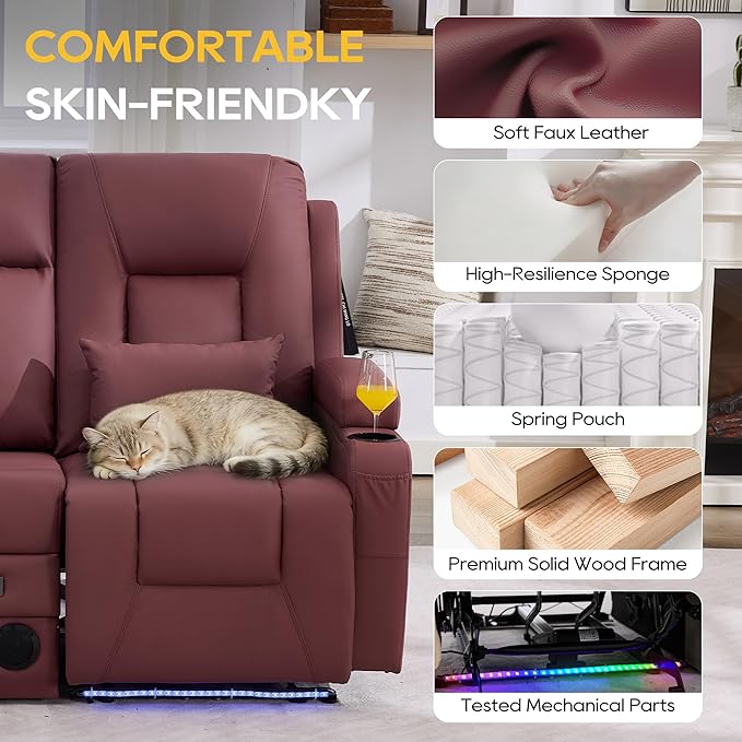 IPKIG Power Recliner Loveseat with Console Zero Wall Hugger Sofa Couch Faux Leather 2-Seater Sofa with LED Lights AC Outlets USB Ports Cup Holders Red | Storage Drawer Bluetooth Speaker Living