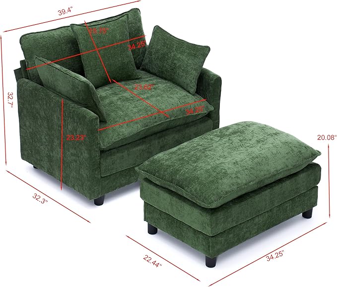 KEIKI Oversized Armchair with Ottoman Chenille Upholstered Sofa Bed Wide Accent Chair Perfect for Living Room Bedroom Apartment Green