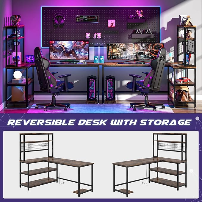 Tribesigns 55 L-Shape Computer Desk with Hutch and Wireless Charging Office Desk Study Table Writing Desk Workstation with 5 Shelves and Movable CPU Stand for Home Office (Brown)