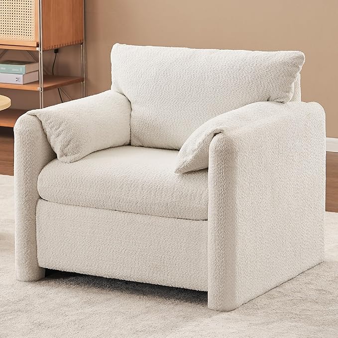 KEIKI Chenille Oversized Reading Chair- 33 W Modern Accent Chair with Deep Cushion Seating Comfy Upholstered Single Sofa Armchair for Living Room Bedroom Office Ivory White
