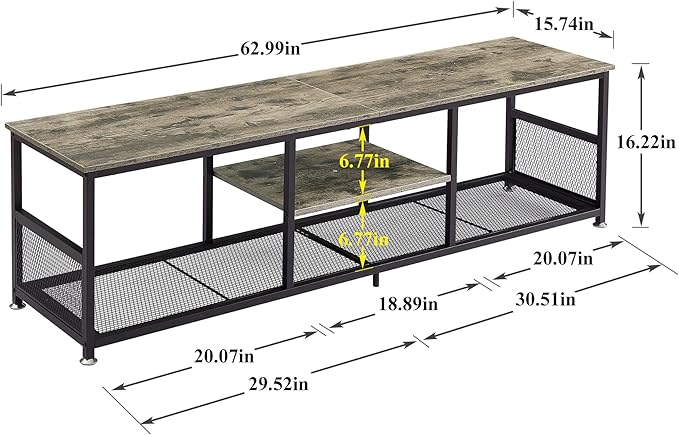 VECELO TV Stand for Televisions up to 80 Inch 70 Entertainment Center with Open Storage Shelves for Living Room/Bedroom 3 Tiers Media Console Table Frame 70 Inches Grey +Metal