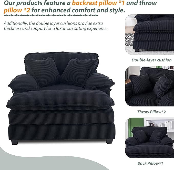 TTK Oversized Chaise Lounge Chair with Ottoman - 39.17 Wide Modern Sleeper Sofa for Living Room Bedroom &amp Office - Deep Seat Sectional Couch with Pillow Comfortable Reading ChairBlack