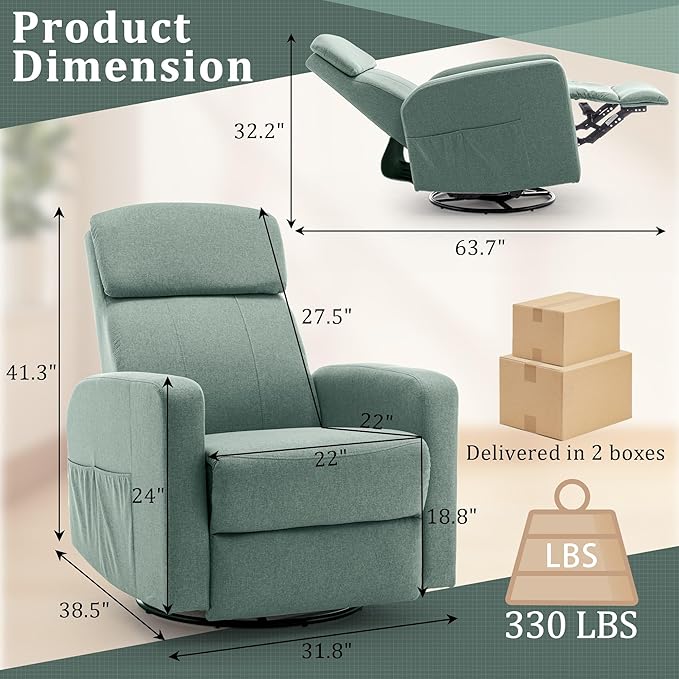 Power Swivel Recliner Chairs for Adults Electric Glider Rocking Chair Nursery Glider Recliner Nursery Chair with Classified Side Pocket Nursery Rocking Chairs with USB and Type-C Ports