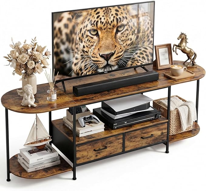 63 TV Stand for TVs up to 75 Inches Curved Edge Media Console &amp Entertainment Center with 2 Fabric Drawers Modern TV Console Table for Living Room or Bedroom Rustic Brown