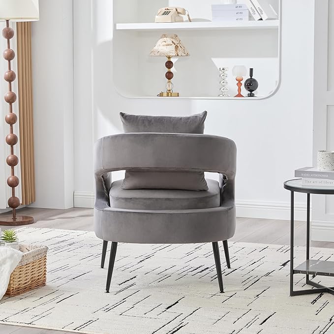 Modern Minimalist Style Open Back Accent ChairVelvet Barrel Dining Chair with Metal LegsComfortable Upholstered Single Sofa for Living RoomBedroomReceptionDining RoomCharcoal