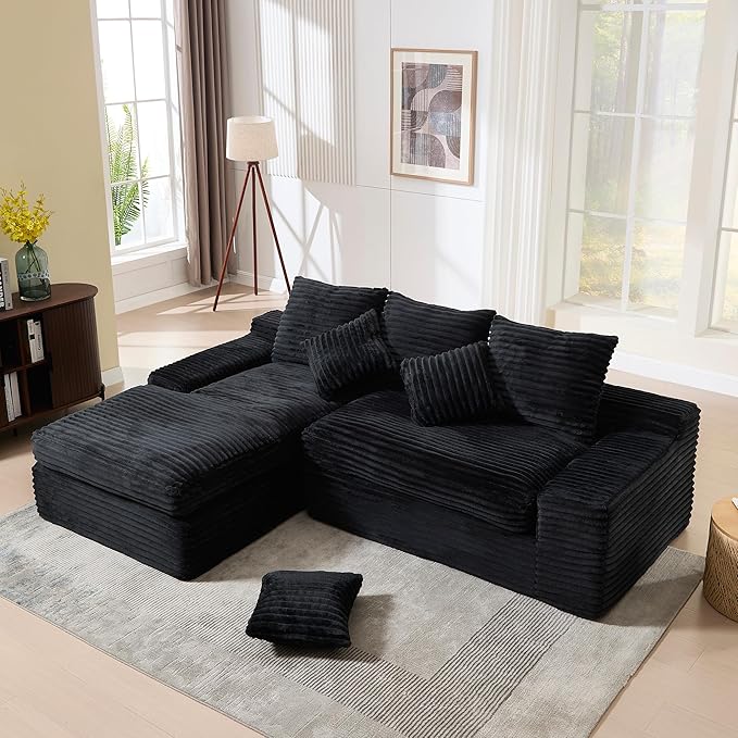 99 Cloud Modular Sectional CouchL-Shape Sofa Couch with Deep SeatModern Boneless Compressed Sofa with Chaise3 Seater Corduroy Couches for Living Room Bedroom No Assembly Required (Black)