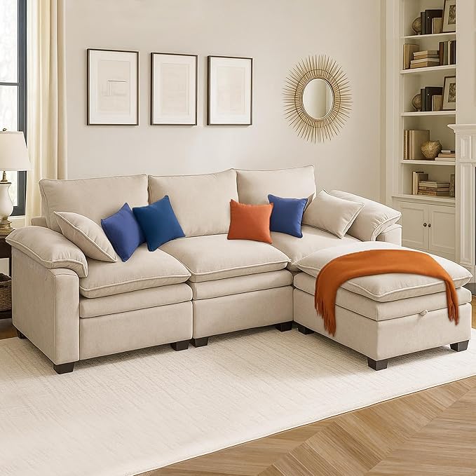 100 L Shaped Modular Sectional Sofa Couch with Ottoman Storage Chenille Cloud Couch with Plush Deep Seating for Living Room Bedroom (Beige 4 Seat)