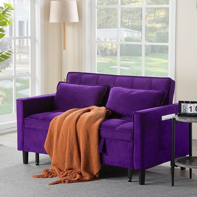 3 in 1 Convertible Sofa Bed Love Seat Sleeper Bed with Side Pockets Velvet Fabric Pull Out Couch with Adjustable Backrest for Living Room Bedroom Apartment Purple