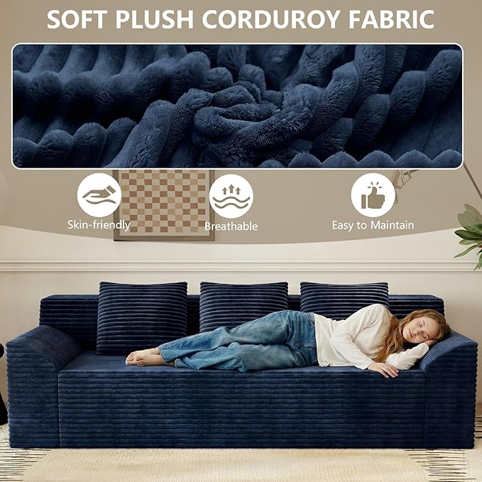 71 Love Seat Couches Corduroy Boneless Loveseat with Deep Seats 2 Seat Couch Apartment Size Couch with 3 Pillows&ampSide Pockets for Bedroom Office No Assembly Required Blue
