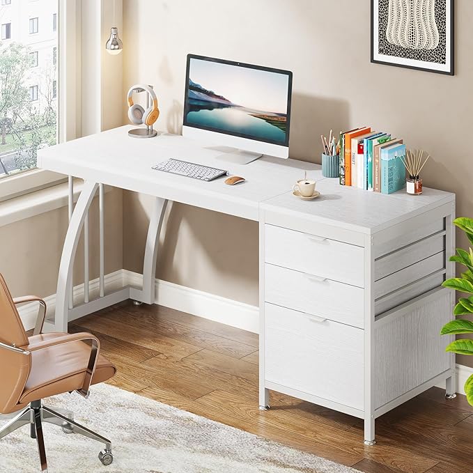 Tribesigns Computer Desk with 3 Drawers 59-Inch PC Desk with Reversible Drawers Industrial Study Writing Table Workstation with File Storage for Home Office White