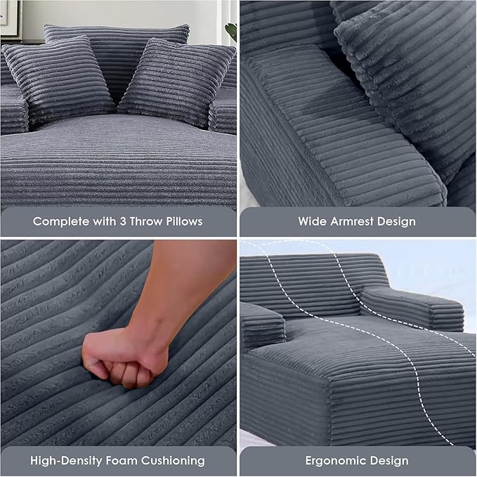 Container Furniture Chamden Oversized Chaise Lounge Chair Modern Corduroy Sofa Bed with Full Foam Cushioning Cozy Convertible Sleeper for Living Room or Bedroom Grey