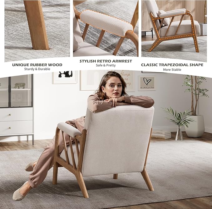 INZOY Mid Century Modern Accent Chair with Wood Frame Upholstered Reading Armchair with Soft Corduroy Fabric Accent Chair for Living Room Bedroom Apartment Easy Assembly Beige
