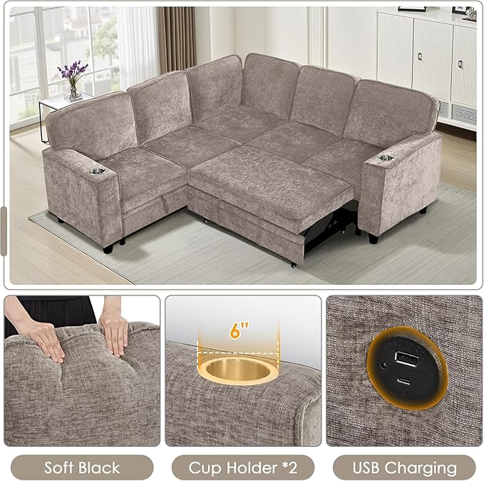 81 Modular Sectional Sofa L Shaped 5-Seater Sleeper Sofa with Pull Out Bed Hidden Storage Cup Holders &amp USB Charging Ports Sectional Couches for Living Room (Chenille Brown-Grey)