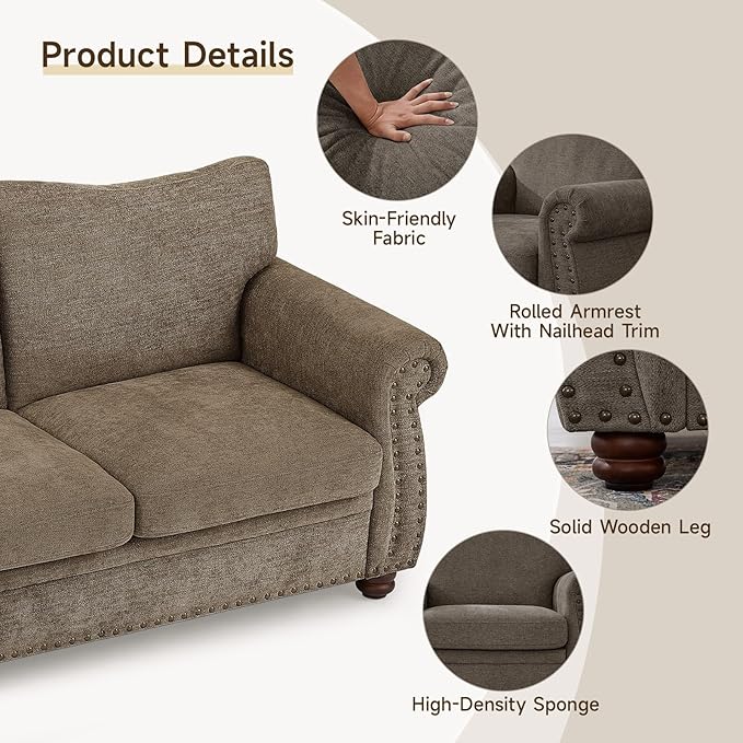 ONBRILL Nailhead Sofa 66 Inch Small Couch with Rolled Arms Chenille Fabric Loveseat w/Springs Seat Cushion Vintage Curved Back Turned Wood Legs Comfy Couch for Living Room Farmhouse Brown
